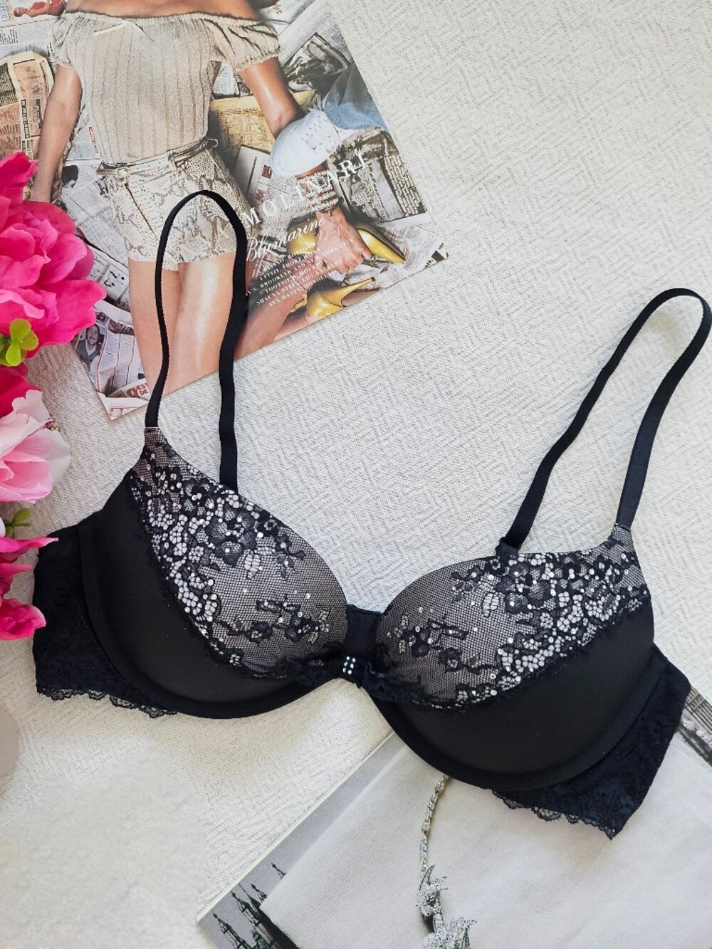 Victoria's Secret Black Lace Rhinestone Demi Bra - 36B